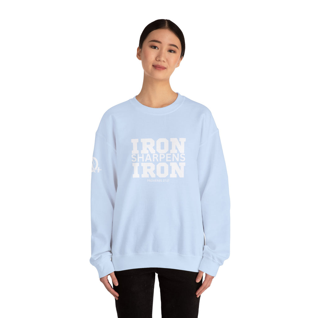 Iron Sharpens Iron - Unisex Heavy Blend™ Crewneck Sweatshirt - Front White Logo - Plain Back