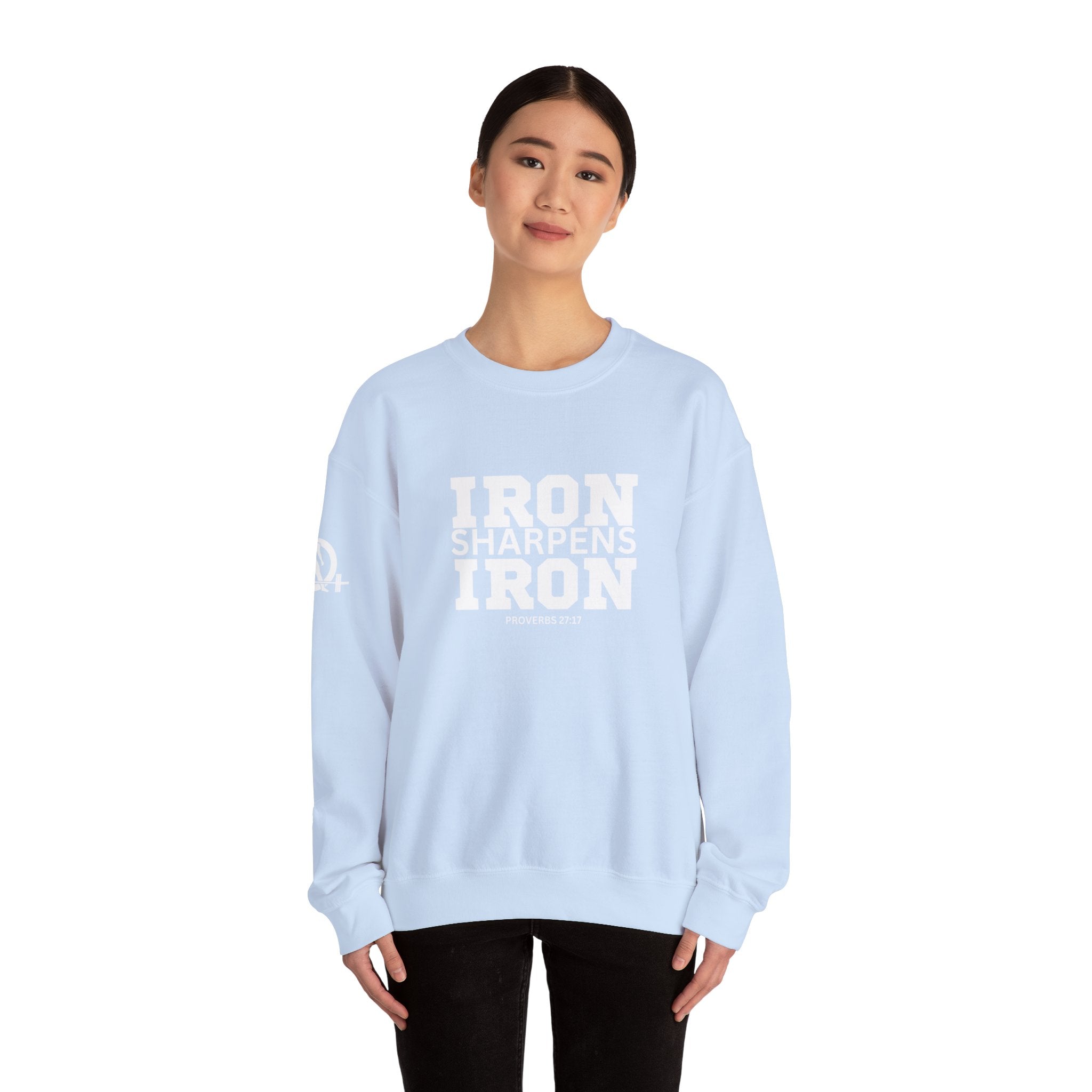 Iron Sharpens Iron - Unisex Heavy Blend™ Crewneck Sweatshirt - Front White Logo - Plain Back