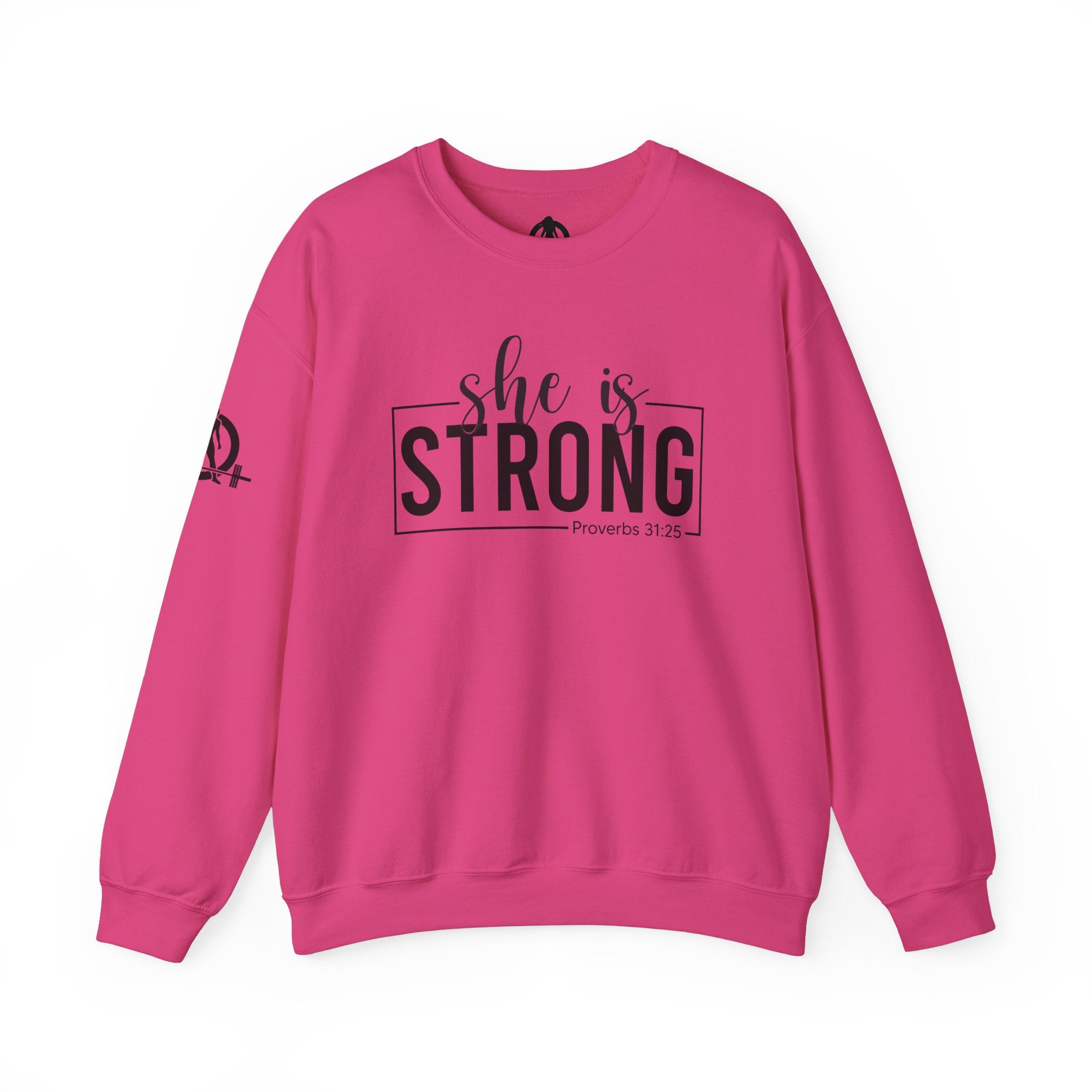 She is STRONG - Unisex Heavy Blend™ Crewneck Sweatshirt - Front Black Logo - Plain Back