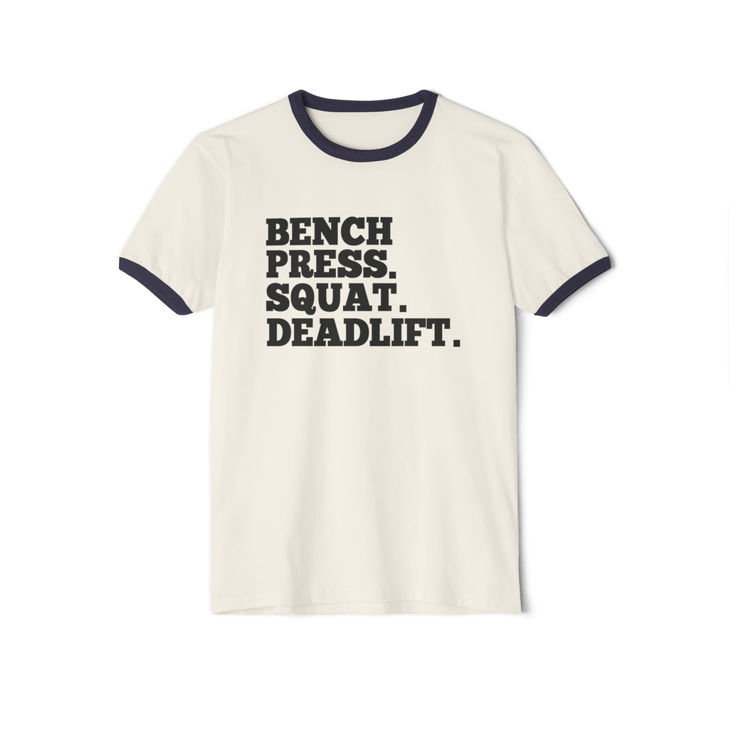 Bench Squat Deadlift  - Unisex Cotton Ringer T-Shirt - Black Classic Logo Front Plain Back