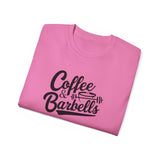 Coffee & Barbells - Unisex Ultra Cotton Tee - Front Black Logo - Plain Back