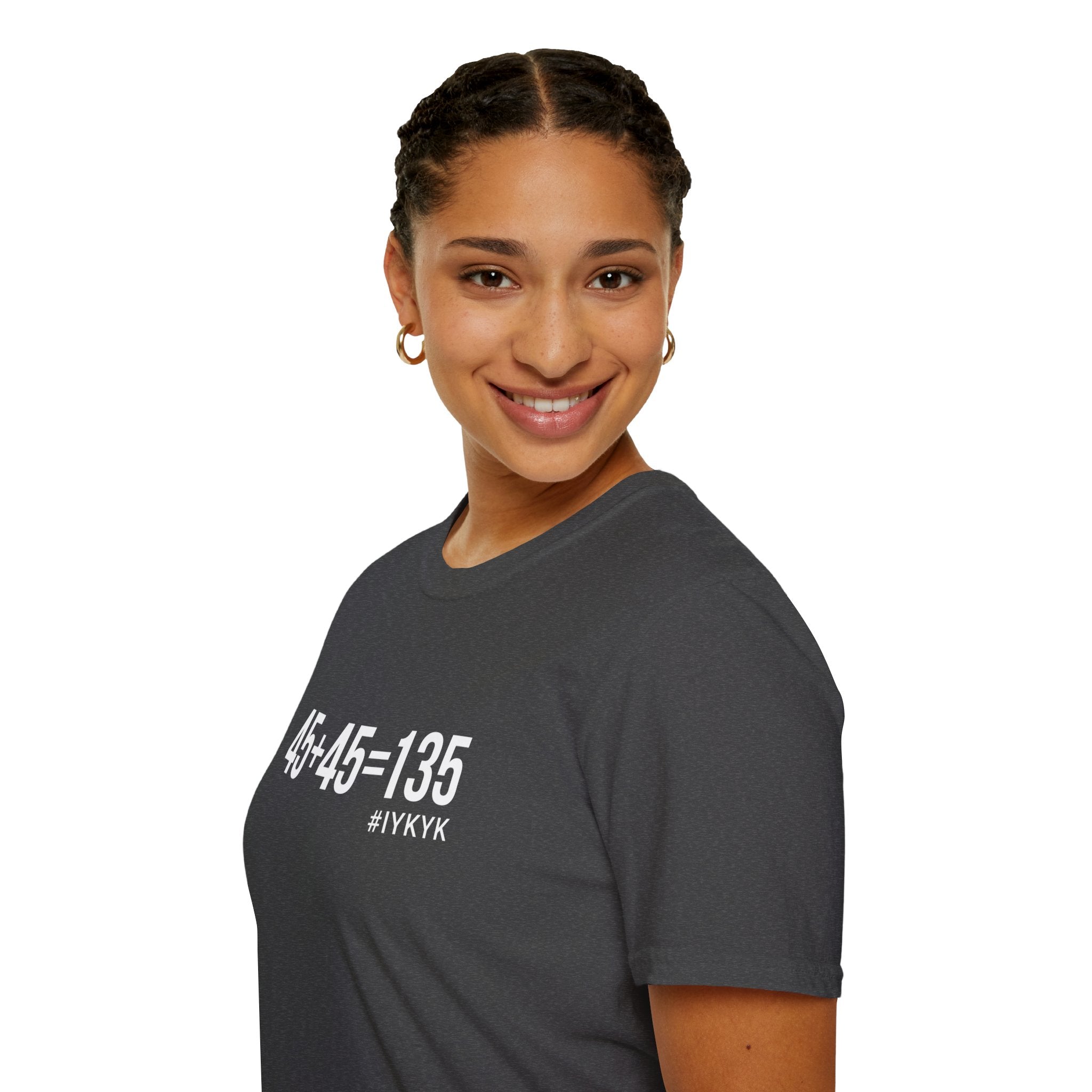 45 + 45 = 135  - Unisex Softstyle T-Shirt - Print on Front Plain Back