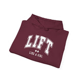 Lift Like.A Girl - Unisex Heavy Blend Hooded Sweatshirt - White Logo on Front & Right Sleeve