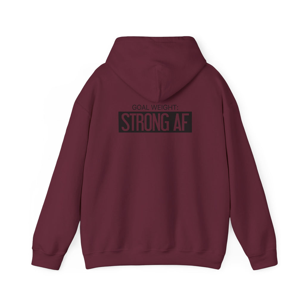 Goal Weight Strong AF – Unisex Heavy Blend™ Hooded Sweatshirt (Front & Back Black Logo) 🖤💪🔥