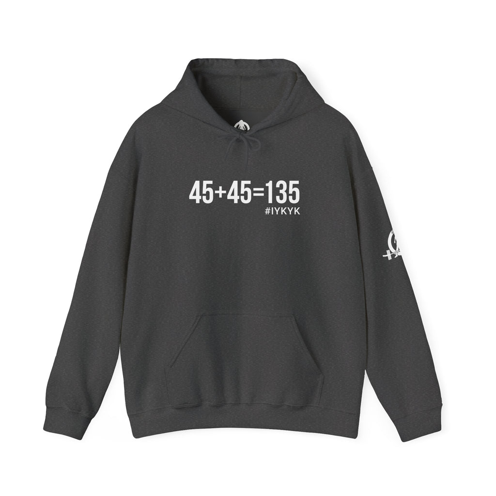 45 + 45 = 135  - Unisex Heavy Blend Hooded Sweatshirt  - White Logo Front & Arm