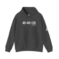 45 + 45 = 135  - Unisex Heavy Blend Hooded Sweatshirt  - White Logo Front & Arm - Plain Back
