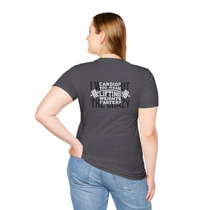Cardio = Lift Weights Faster - Unisex Softstyle T-Shirt - Logo Front & Back