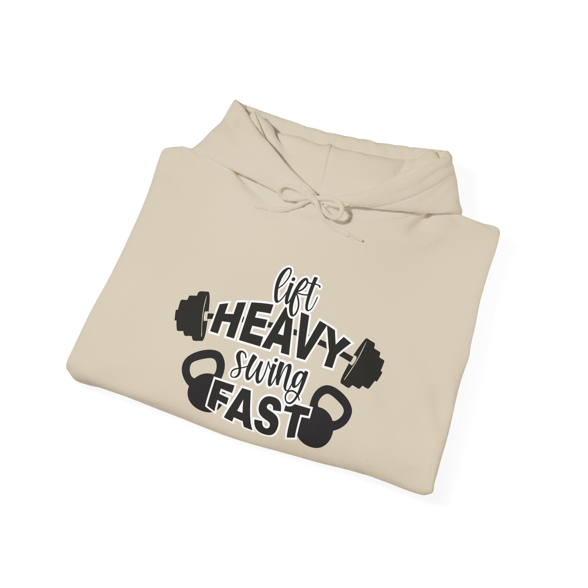 Lift Heavy Swing Fast - Unisex Heavy Blend Hooded Sweatshirt - Black Logo - Right Shoulder - Plain Back