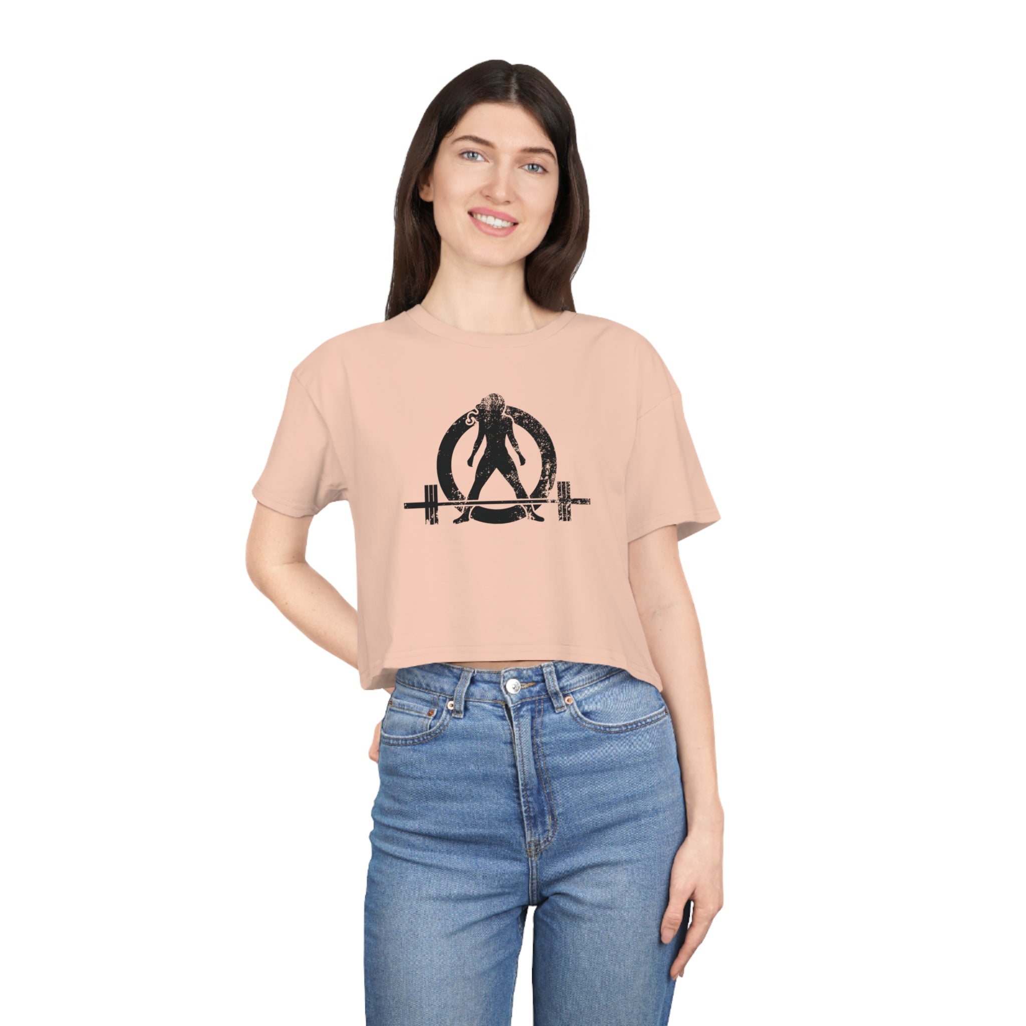 Distressed Collection - Women's Crop Tee - Pale Pink - Front Black Distressed Logo