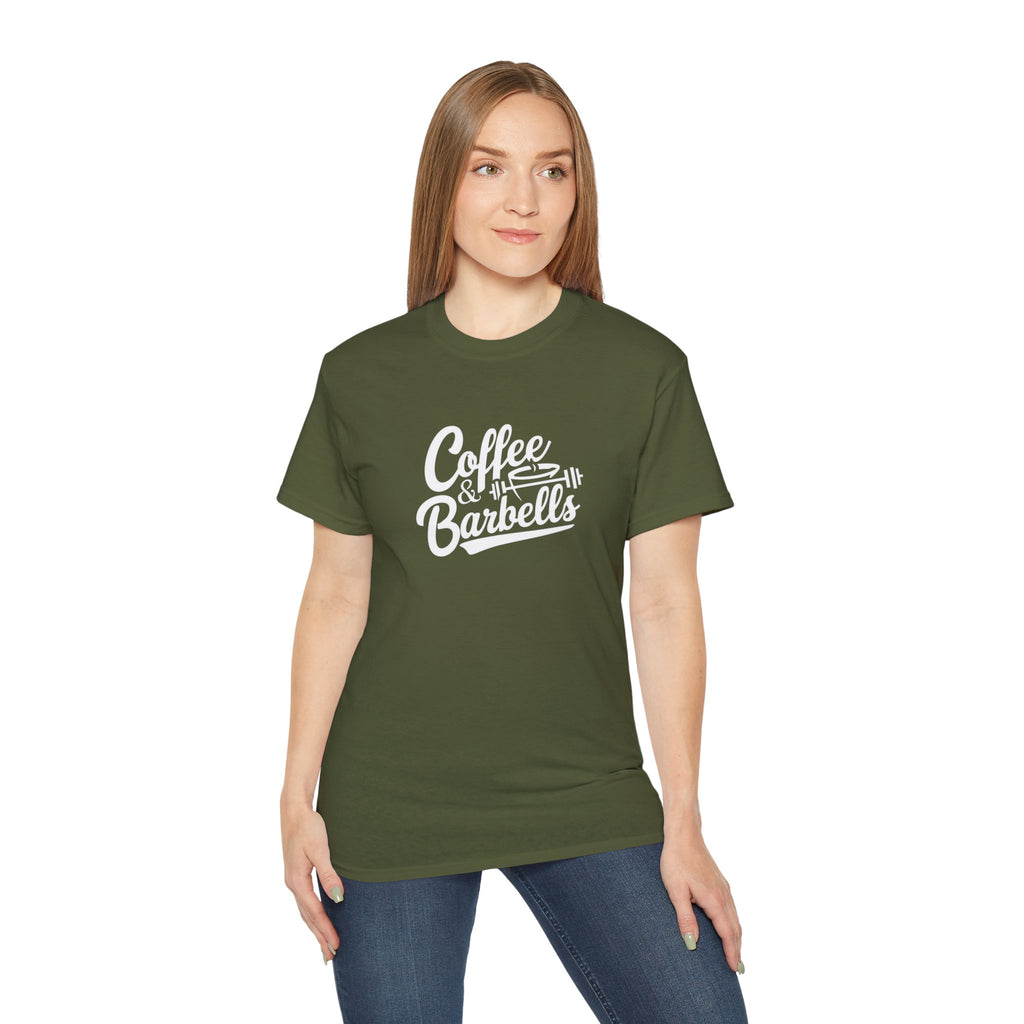 Coffee & Barbells - Unisex Ultra Cotton Tee - Front White Logo - Plain Back