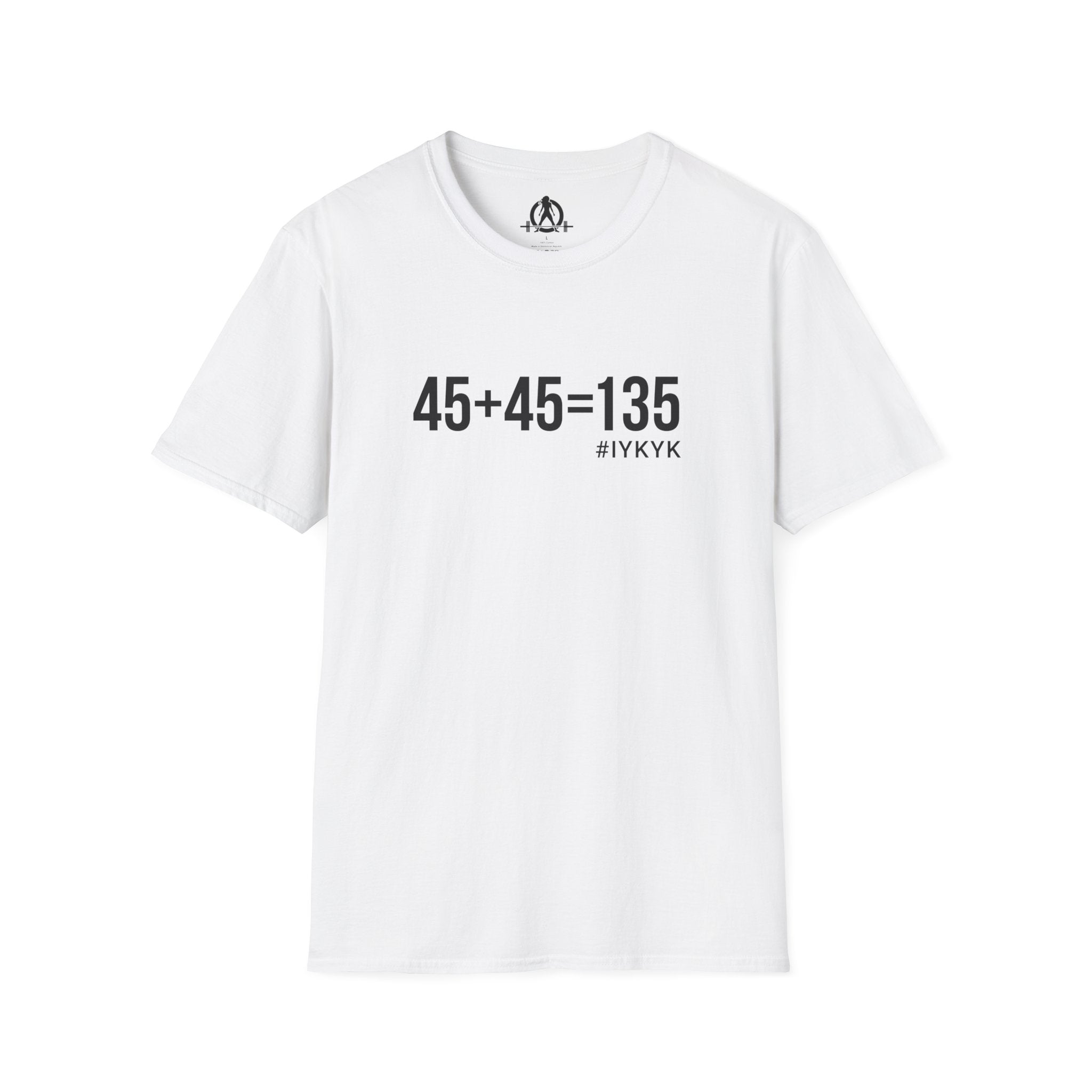45 + 45 = 135 - Unisex Softstyle T-Shirt - Black Print on Front Plain Back
