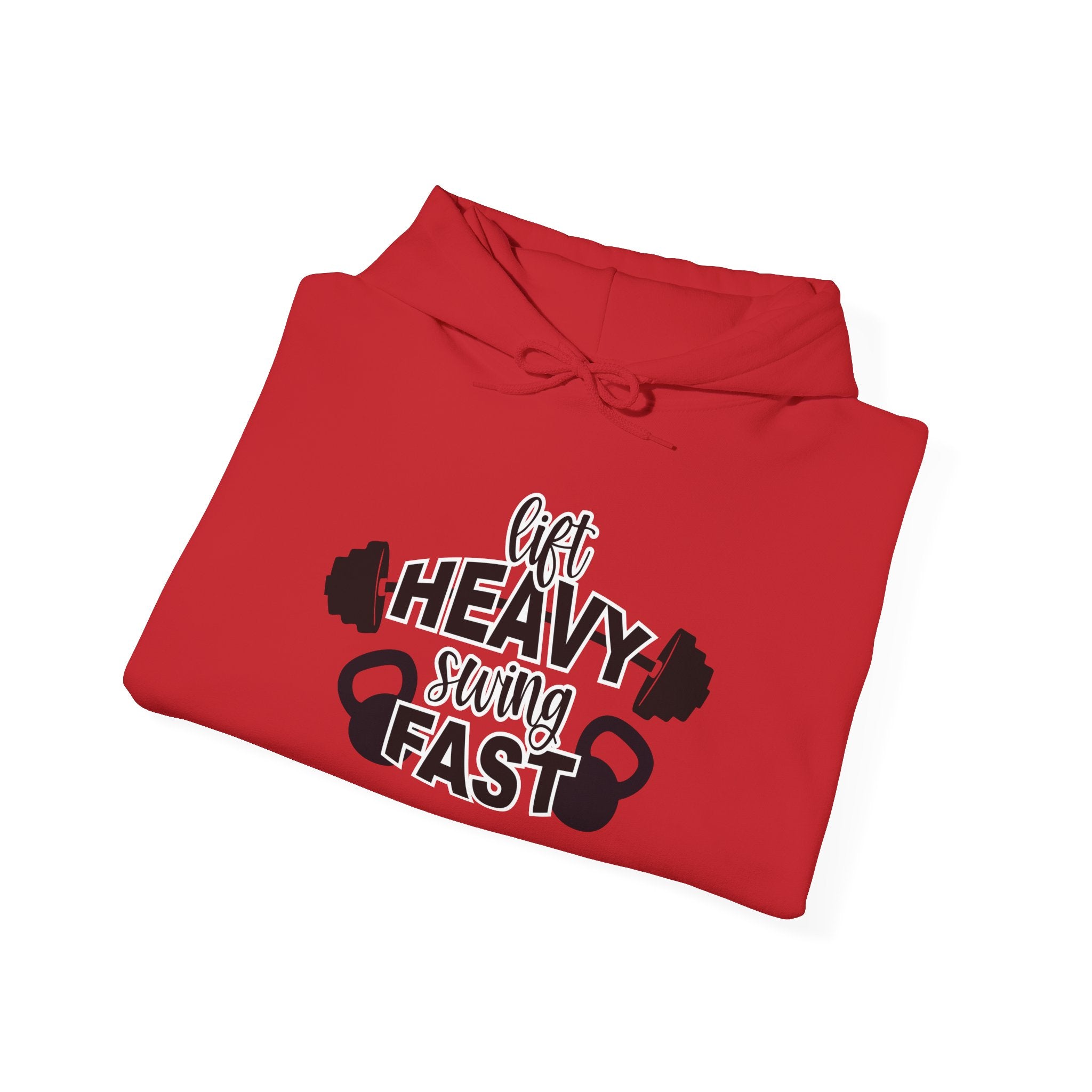 Lift Heavy Swing Fast - Unisex Heavy Blend Hooded Sweatshirt - Black Logo - Right Shoulder - Plain Back