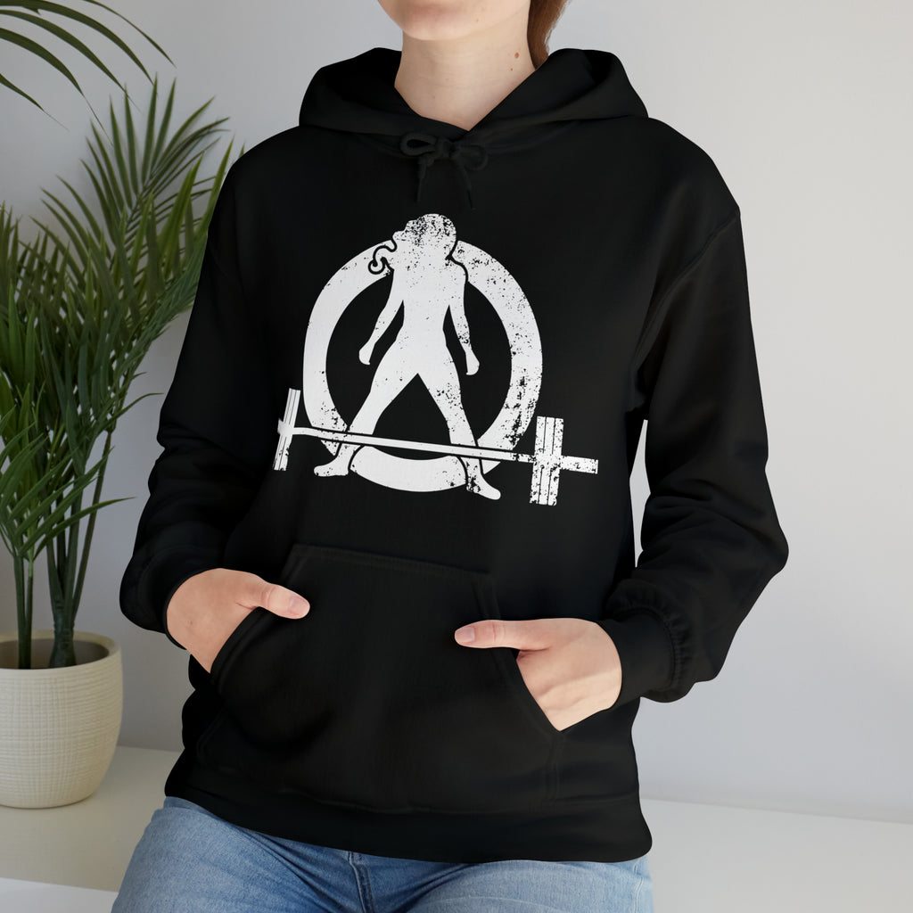 COFFEE and a Barbell  - Distressed White Logo  - Unisex Heavy Blend Hooded Sweatshirt