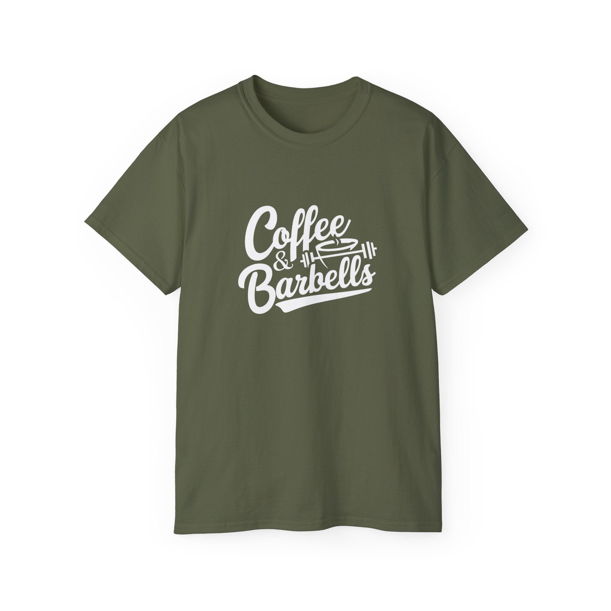 Coffee & Barbells - Unisex Ultra Cotton Tee - Front White Logo - Plain Back
