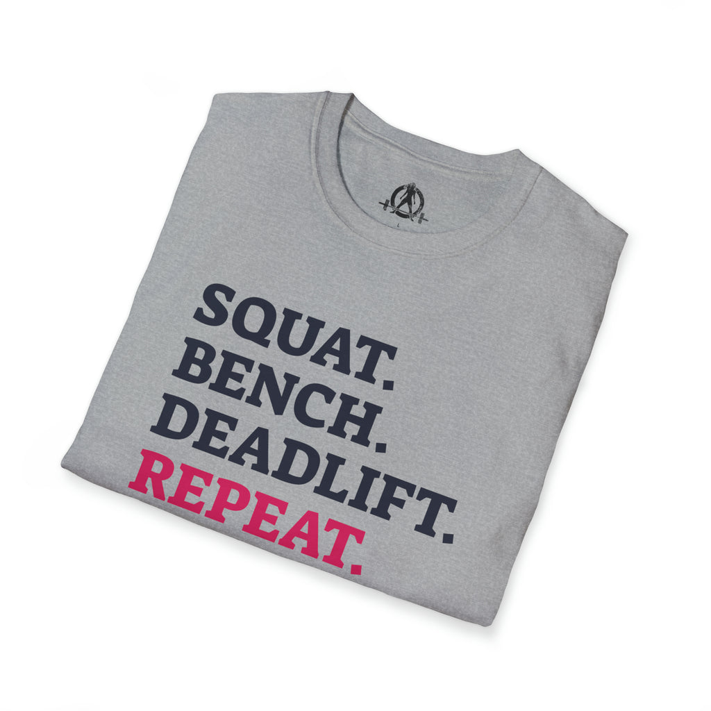 Squat Bench Deadlift Repeat - Unisex Softstyle T-Shirt - Pink - Plain Back
