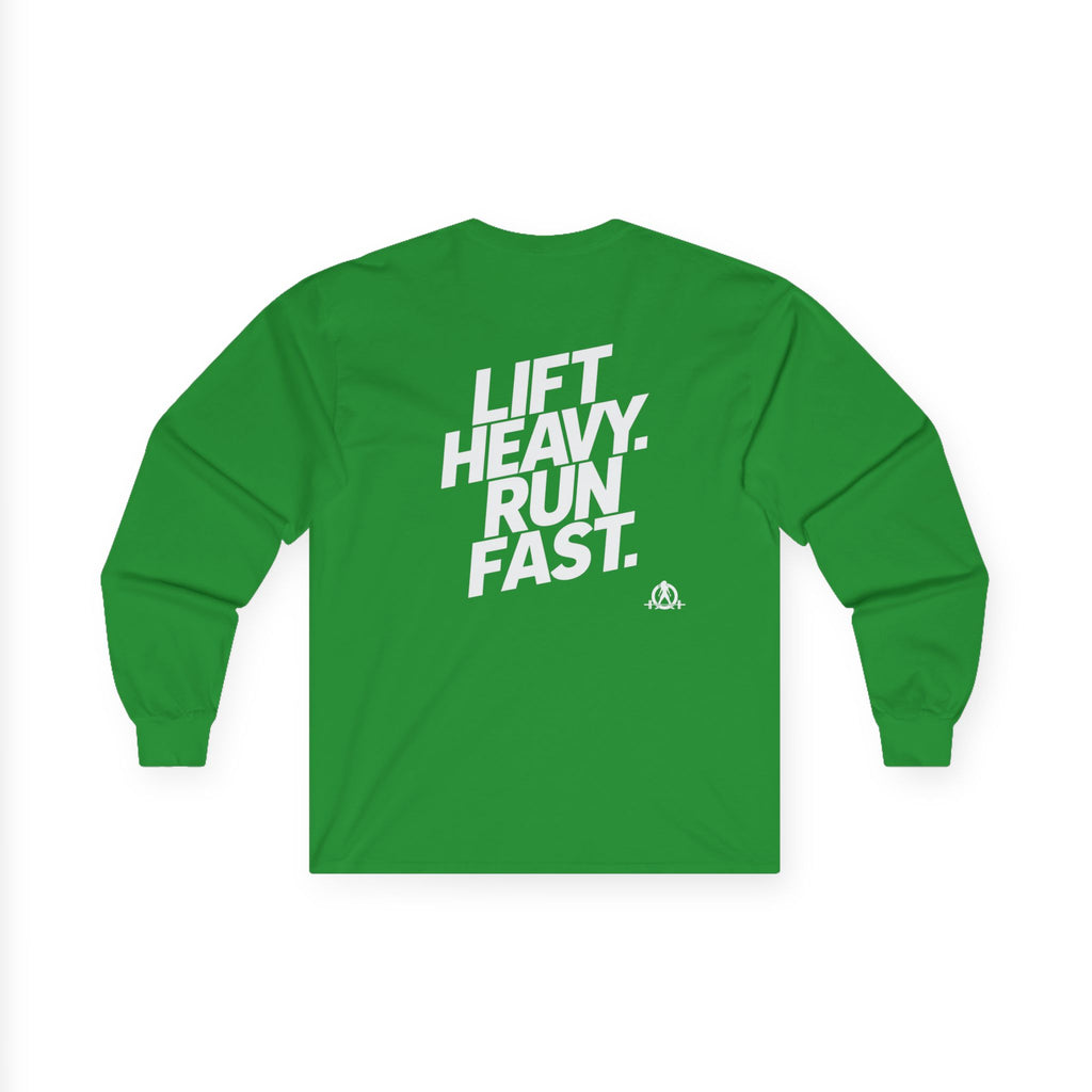 Lift Heavy Run Fast - Ultra Cotton Long Sleeve Tee - White Logo Front & Back