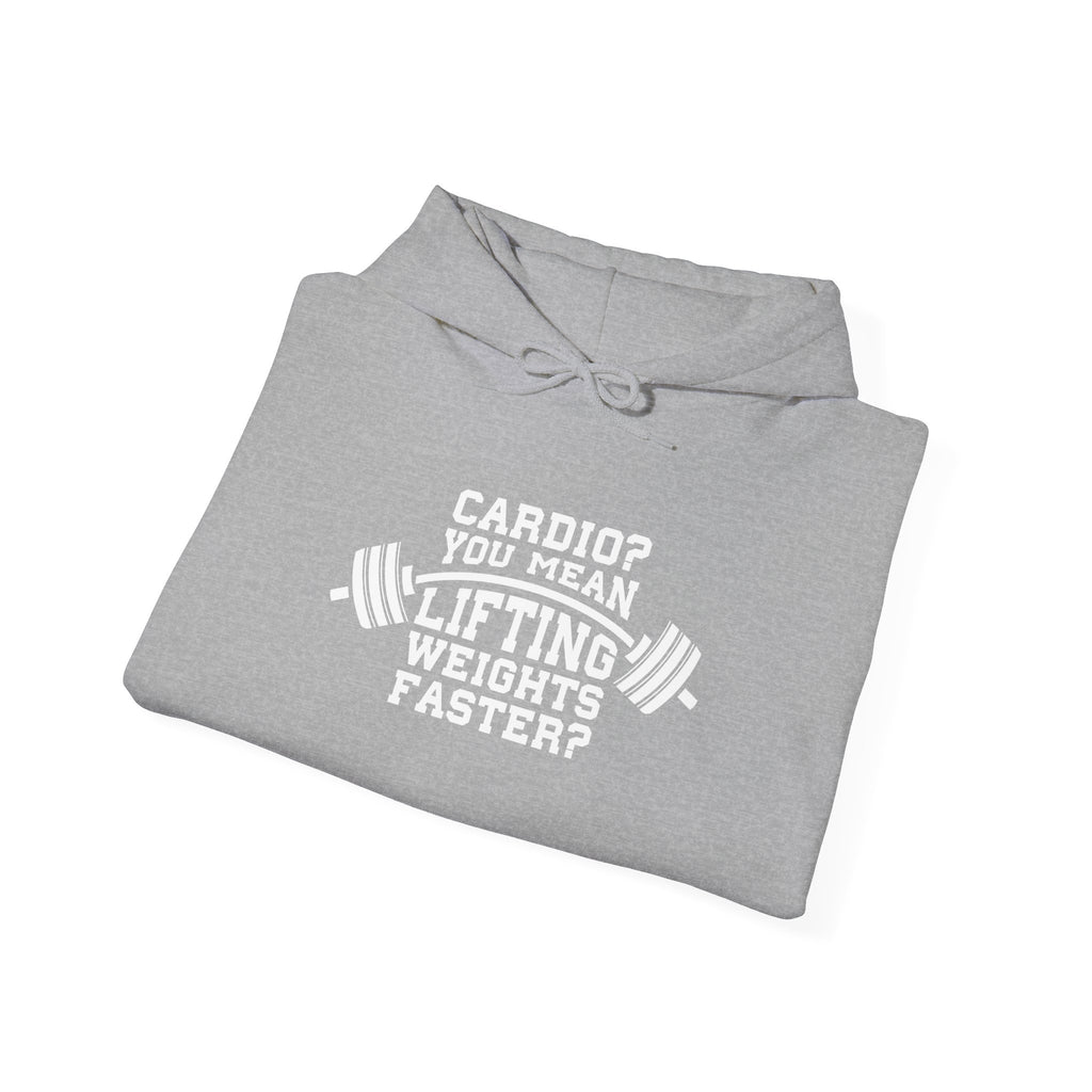 Cardio = Lift Weights Faster - Unisex Heavy Blend Hooded Sweatshirt - White Logo on Front