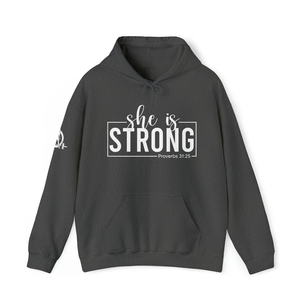 She is STRONG - Unisex Heavy Blend Hooded Sweatshirt - White Logo -  Plain Back