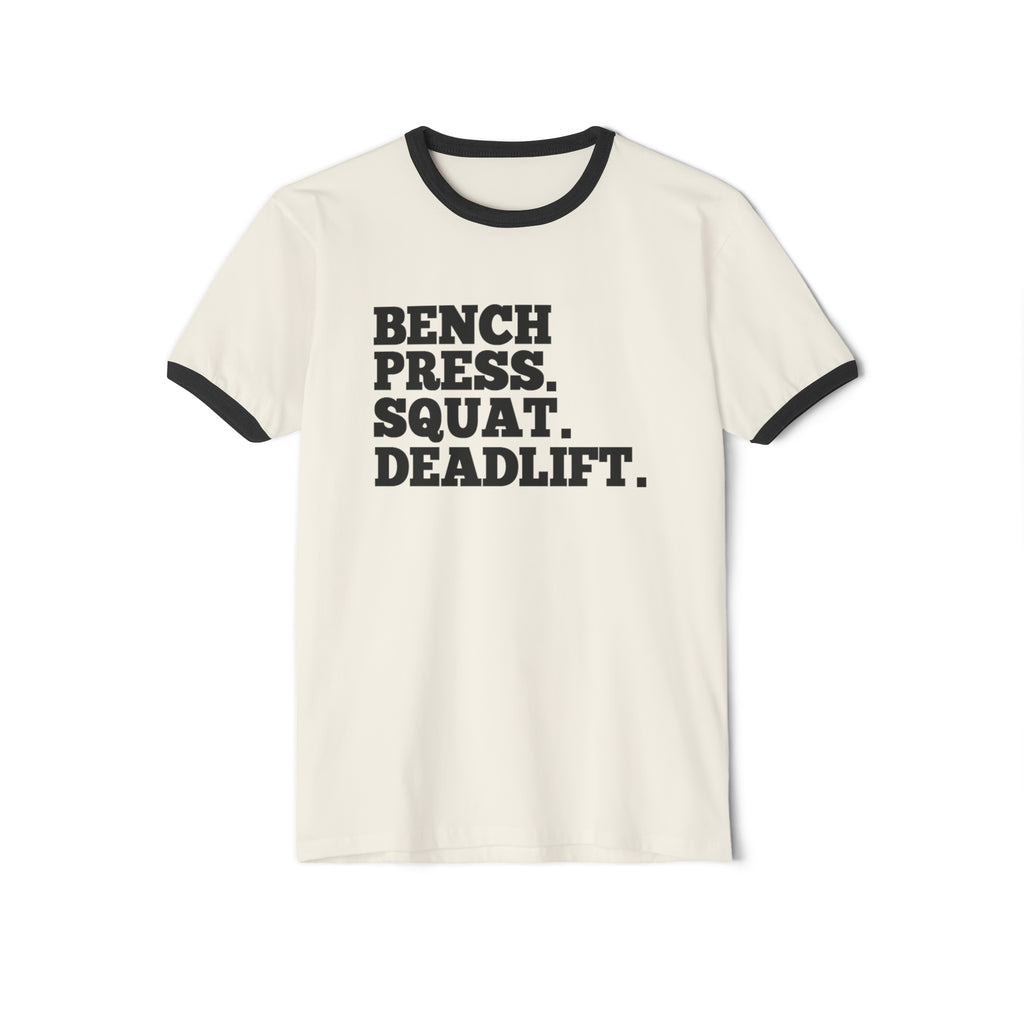 Bench Squat Deadlift  - Unisex Cotton Ringer T-Shirt - Black Classic Logo Front Plain Back