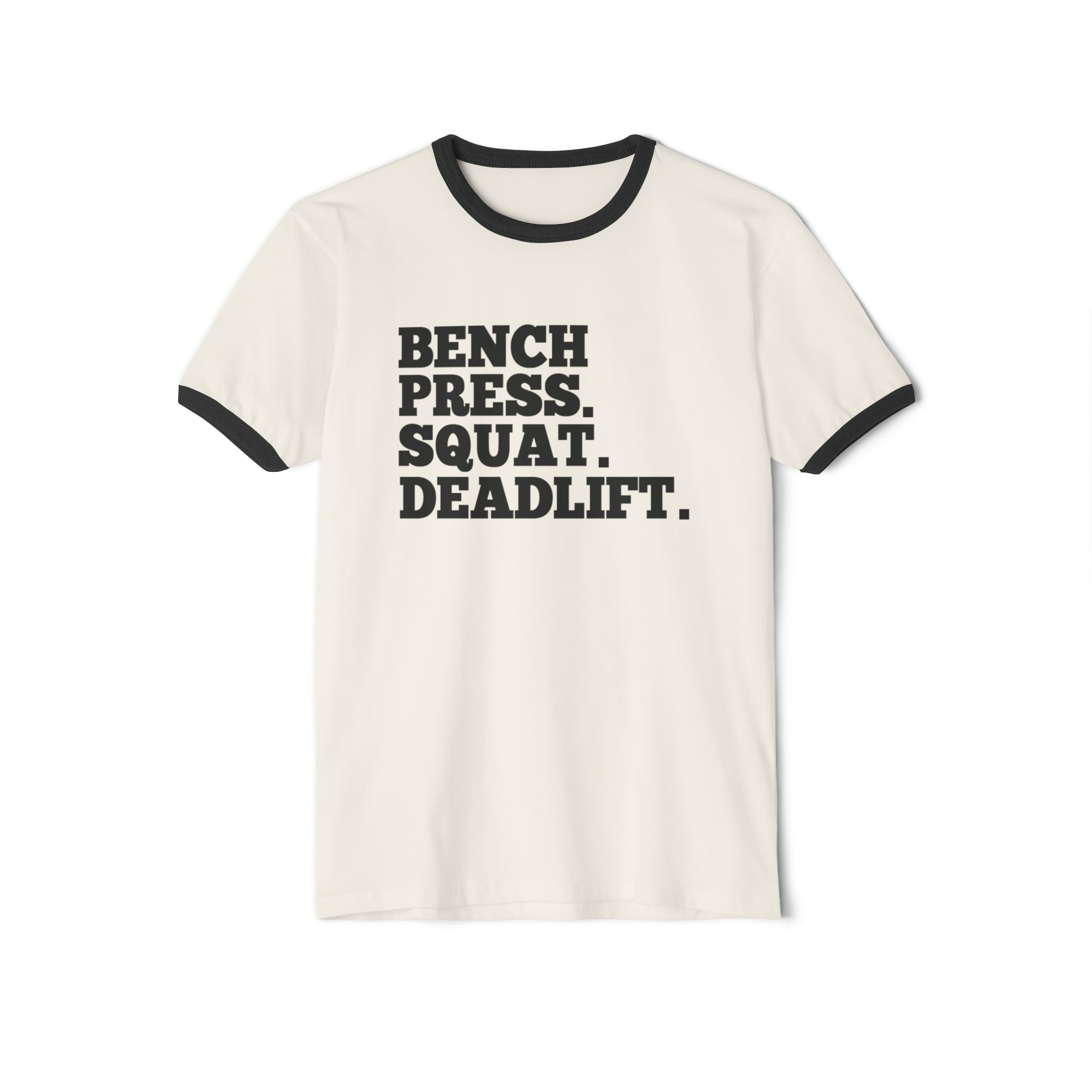 Bench Squat Deadlift  - Unisex Cotton Ringer T-Shirt - Black Classic Logo Front Plain Back