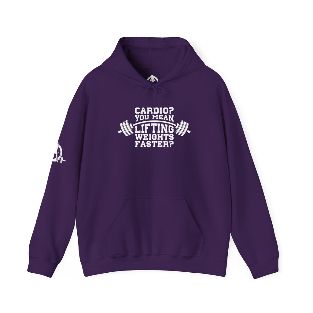 Cardio = Lift Weights Faster - Unisex Heavy Blend Hooded Sweatshirt - White Logo on Front