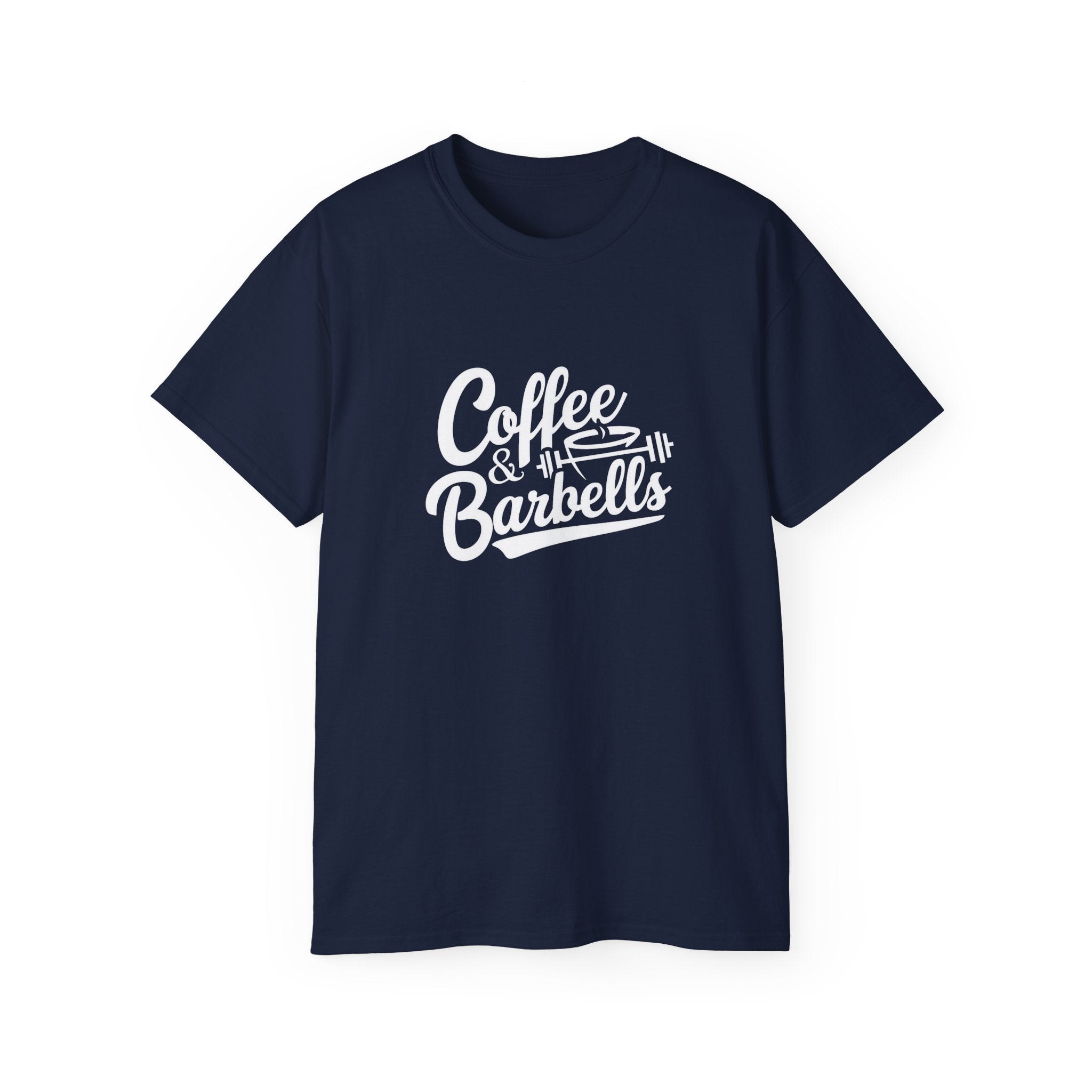 Coffee & Barbells - Unisex Ultra Cotton Tee - Front White Logo - Plain Back