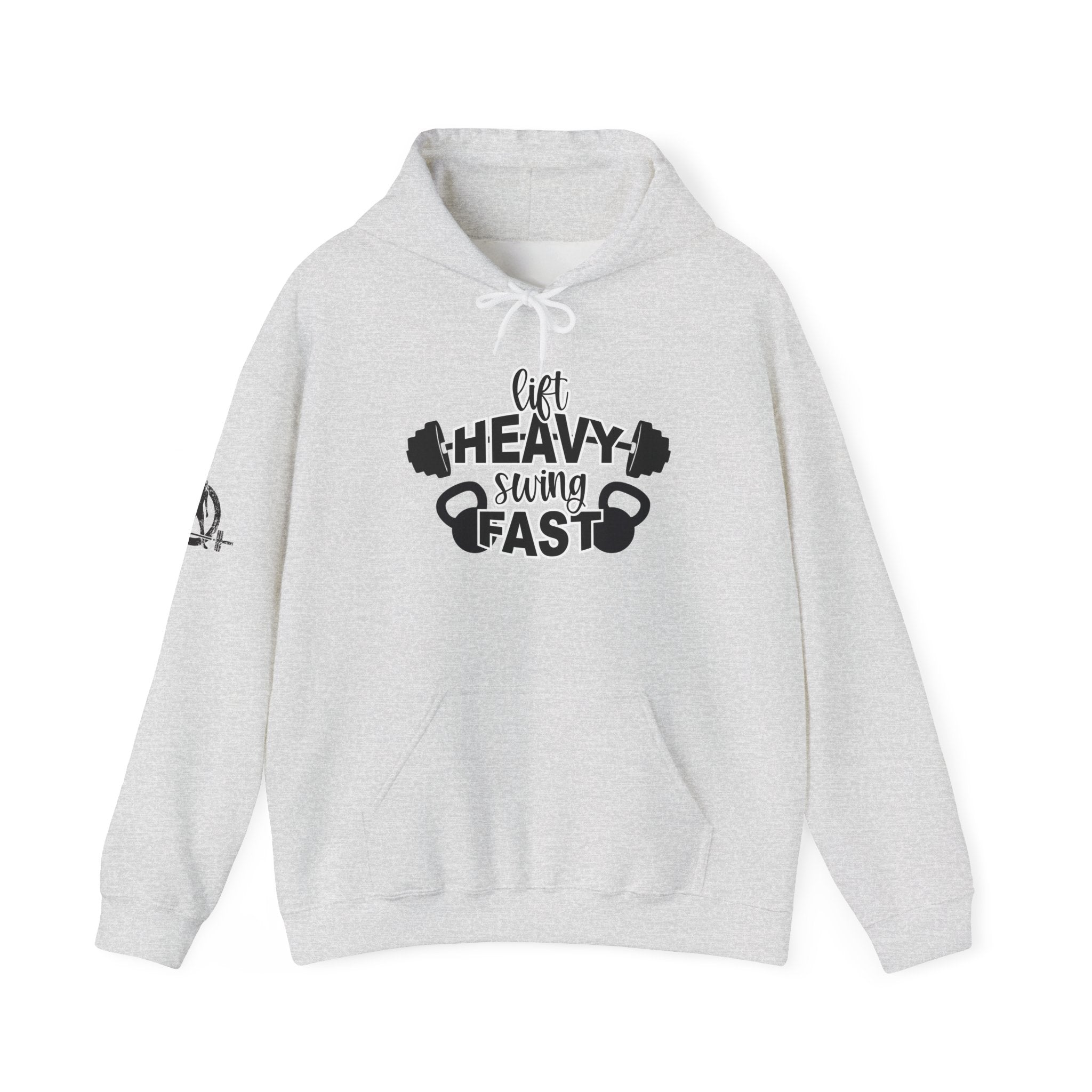 Lift Heavy Swing Fast - Unisex Heavy Blend Hooded Sweatshirt - Black Logo - Right Shoulder - Plain Back