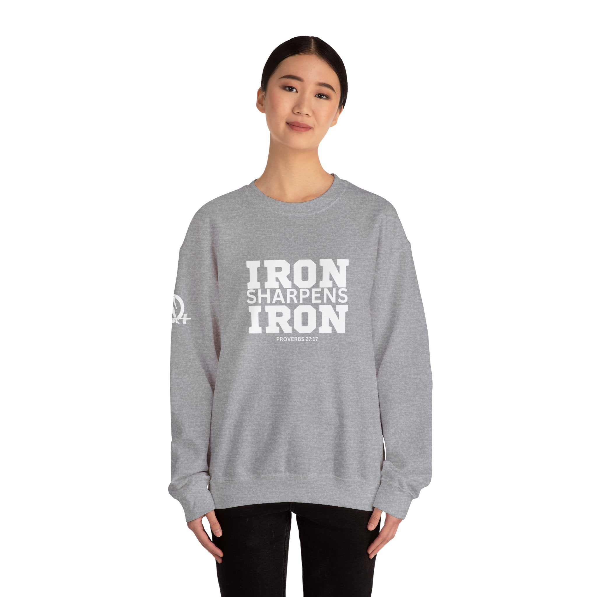Iron Sharpens Iron - Unisex Heavy Blend™ Crewneck Sweatshirt - Front White Logo - Plain Back