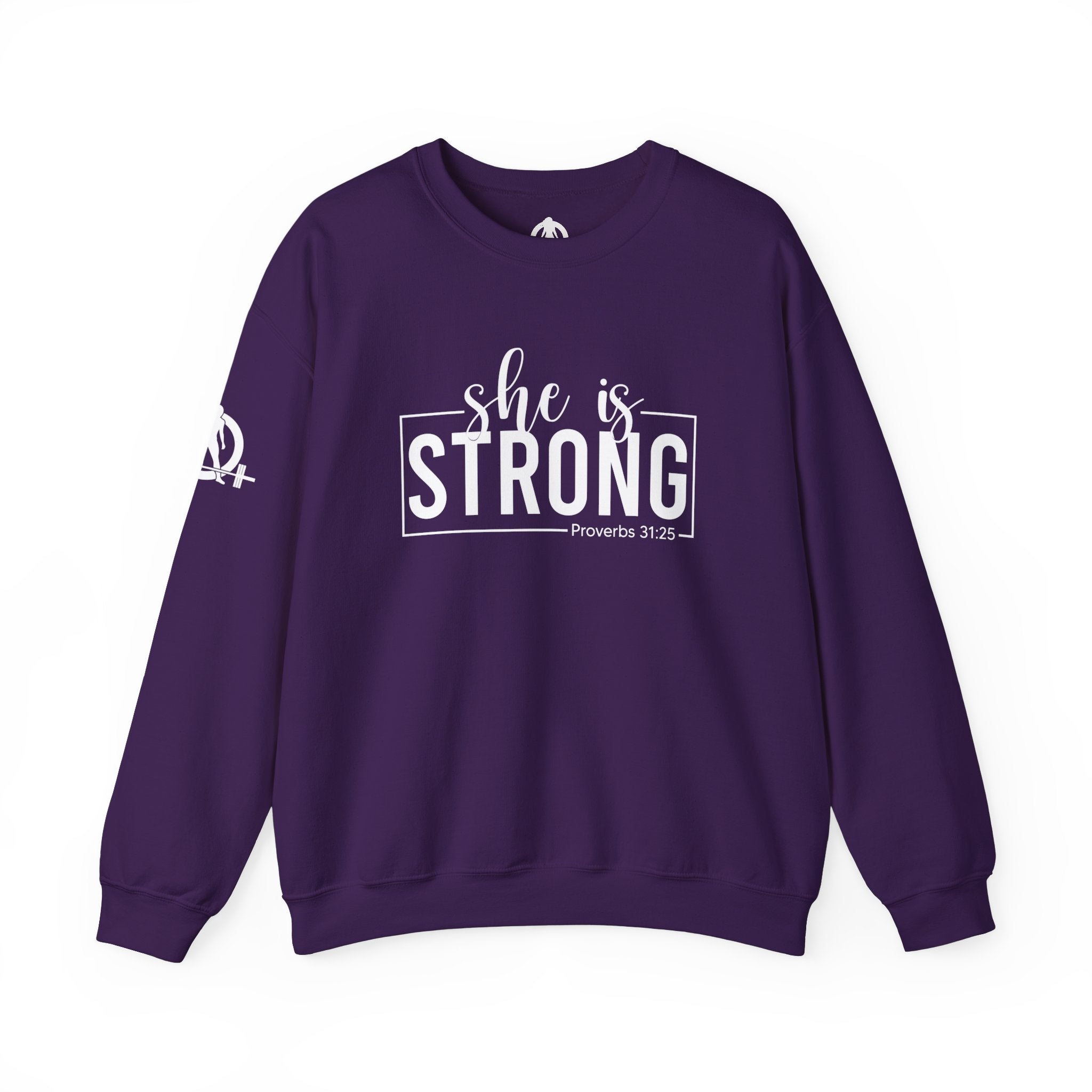 She is STRONG - Unisex Heavy Blend™ Crewneck Sweatshirt - Front White Logo - Plain Back