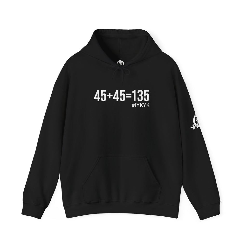 45 + 45 = 135  - Unisex Heavy Blend Hooded Sweatshirt  - White Logo Front & Arm