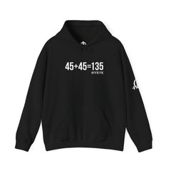 45 + 45 = 135  - Unisex Heavy Blend Hooded Sweatshirt  - White Logo Front & Arm - Plain Back