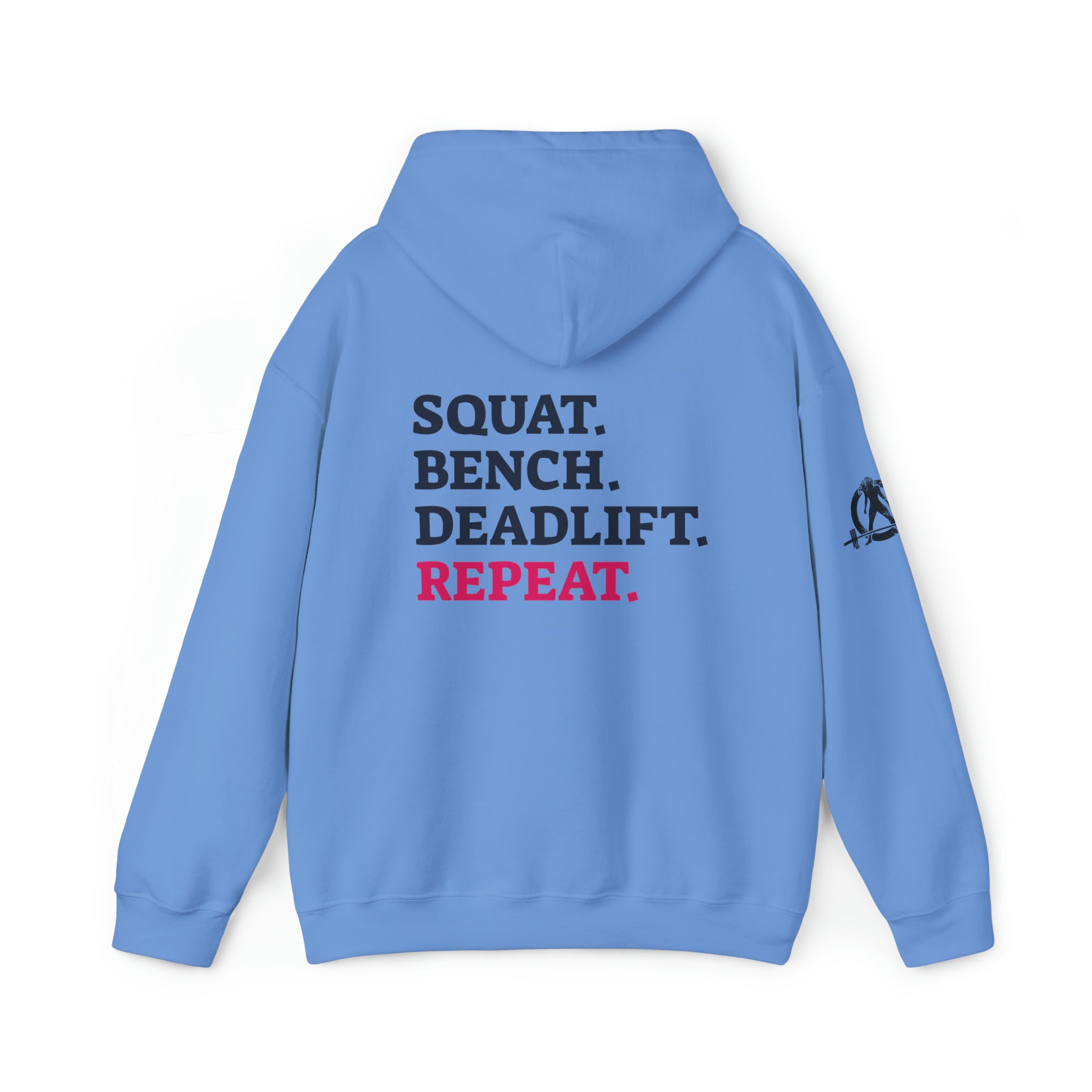 Squat Bench Deadlift Repeat - Unisex Heavy Blend Hooded Sweatshirt - Dark Black Logo - Pink - SBDR on BACK