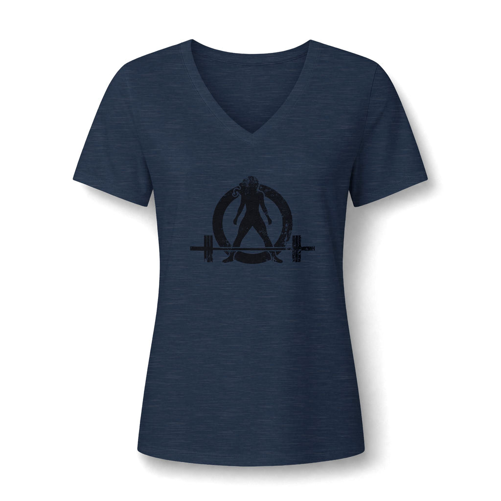 WWLW Women's Relaxed Heather CVC V-Neck Tee -  Black Logo