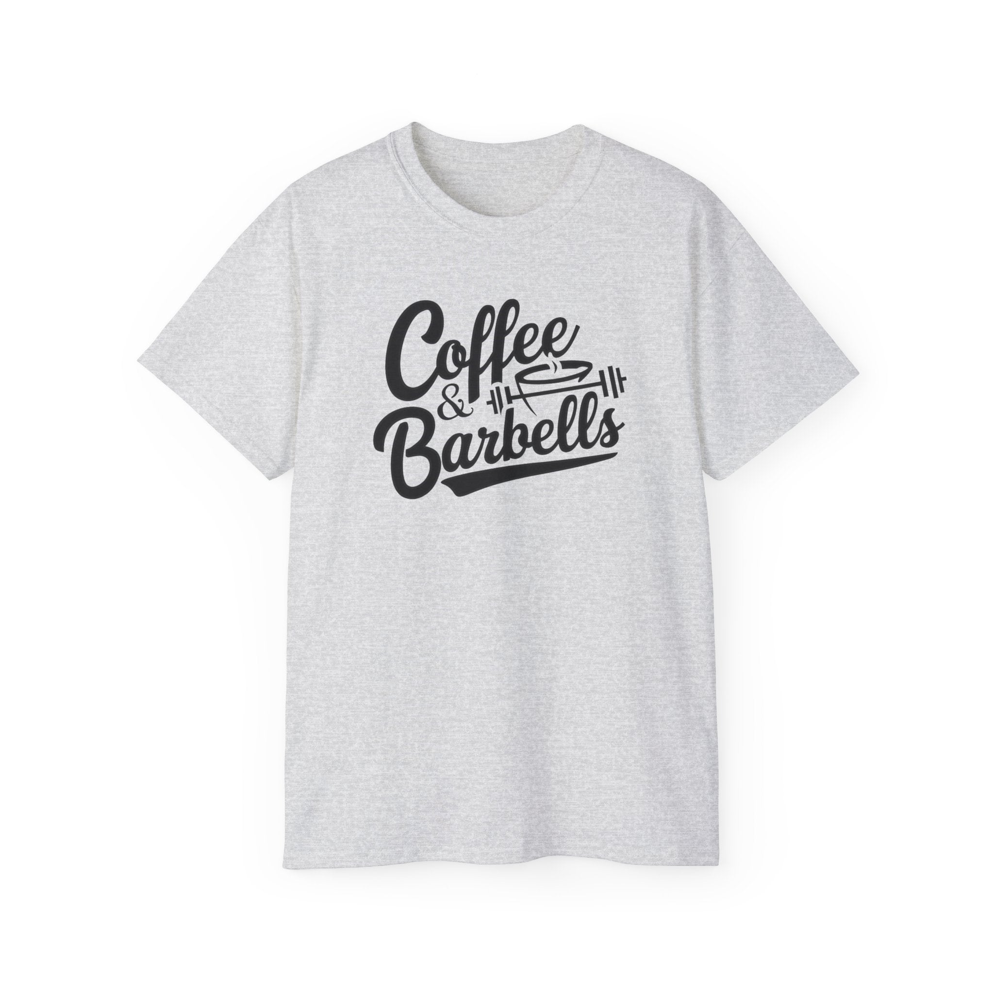 Coffee & Barbells - Unisex Ultra Cotton Tee - Front Black Logo - Plain Back