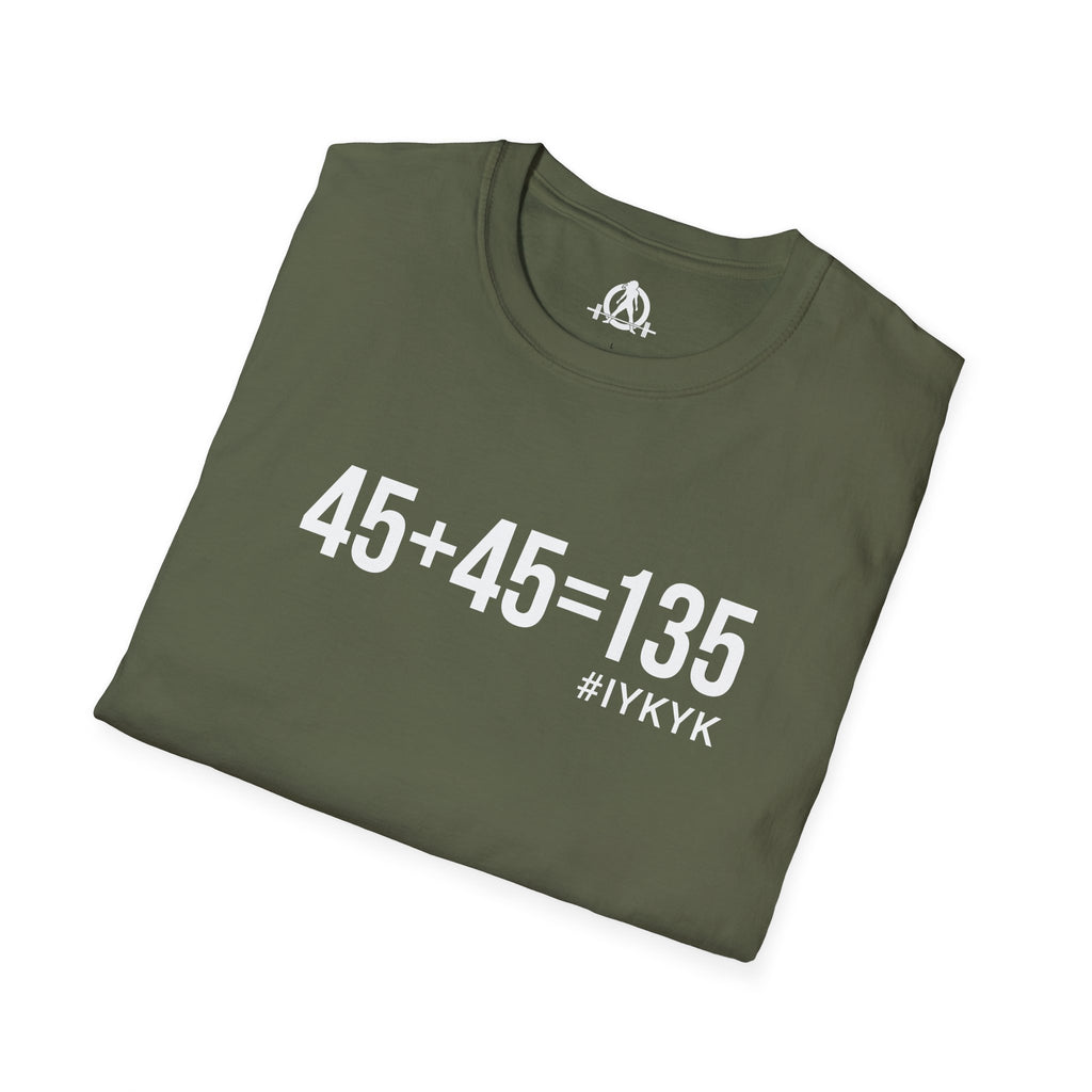 45 + 45 = 135  - Unisex Softstyle T-Shirt - Print on Front Plain Back