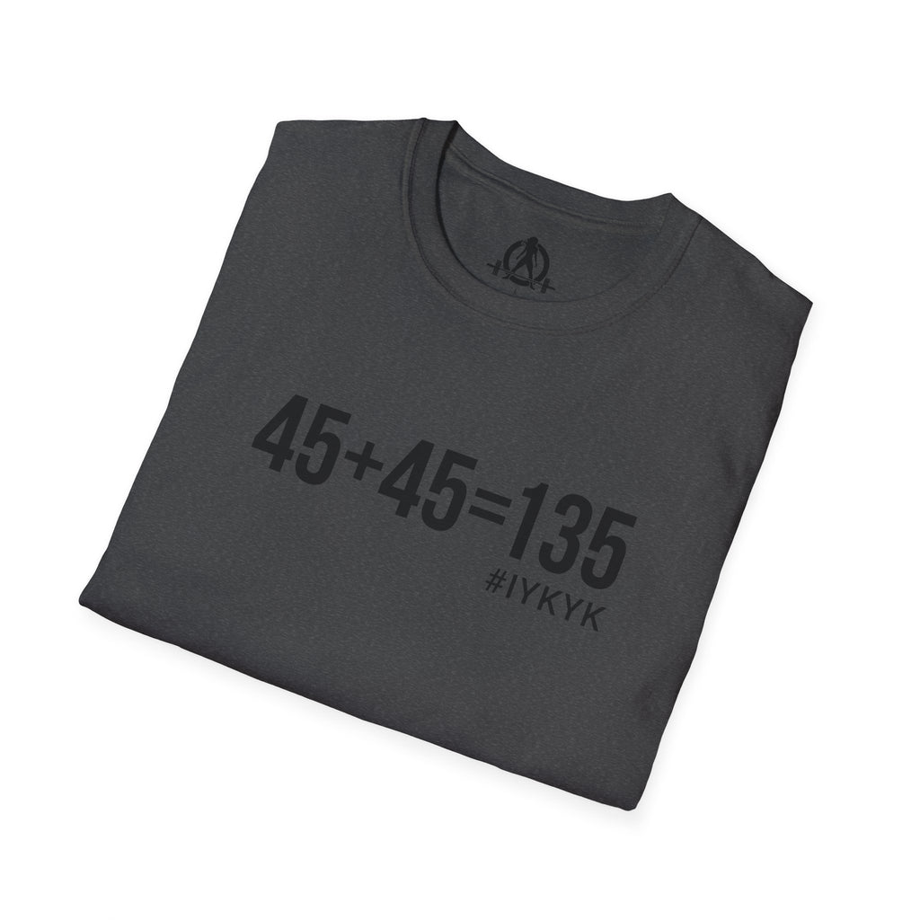 45 + 45 = 135 - Unisex Softstyle T-Shirt - Black Print on Front Plain Back