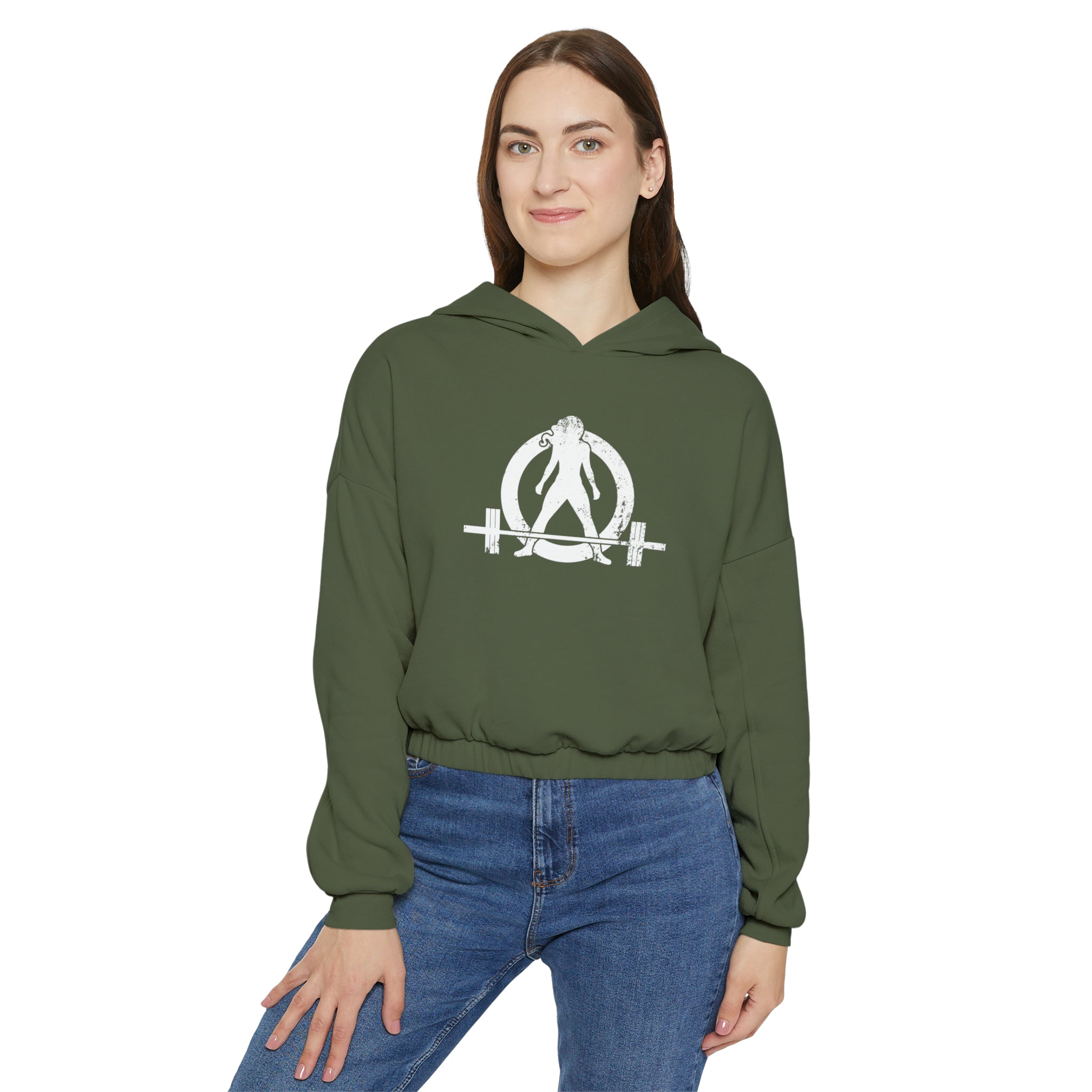 Women's Cinched Bottom Hoodie - White Distressed Logo