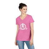 Ladies' V-Neck T-Shirt -  White Distressed Logo