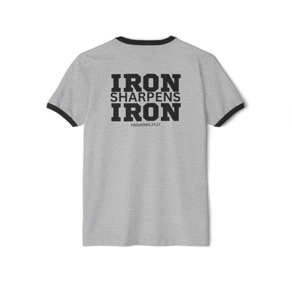 Iron Sharpens Iron - Unisex Cotton Ringer T-Shirt - Black Logo Front Plain Back