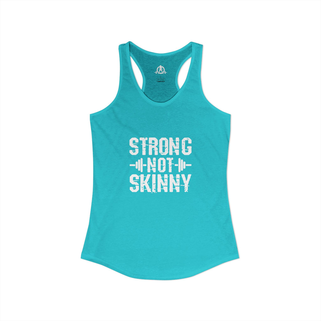 Strong Not Skinny - White Distressed Logo - Women's Ideal Racerback Tank - Front & Back Print