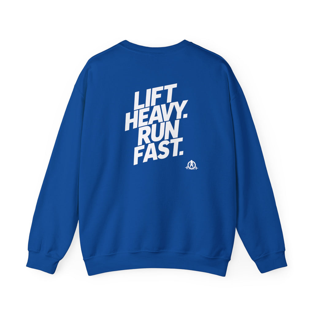 Lift Heavy Run Fast - Unisex Heavy Blend™ Crewneck Sweatshirt - White Logo Front & Back