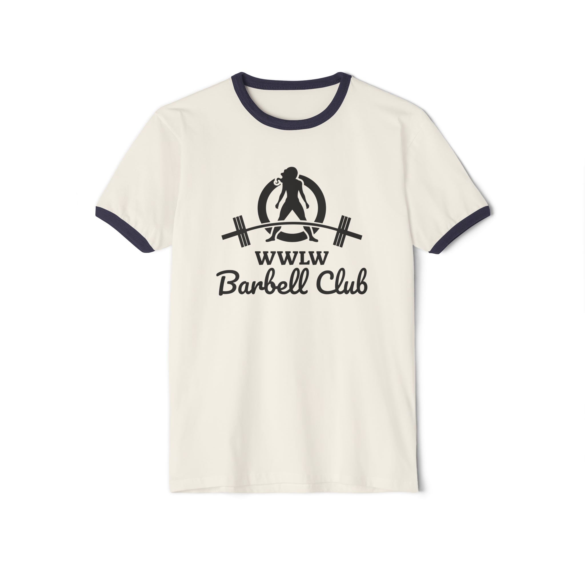 WWLW Barbell Club - Unisex Cotton Ringer T-Shirt - Black Logo Plain Back