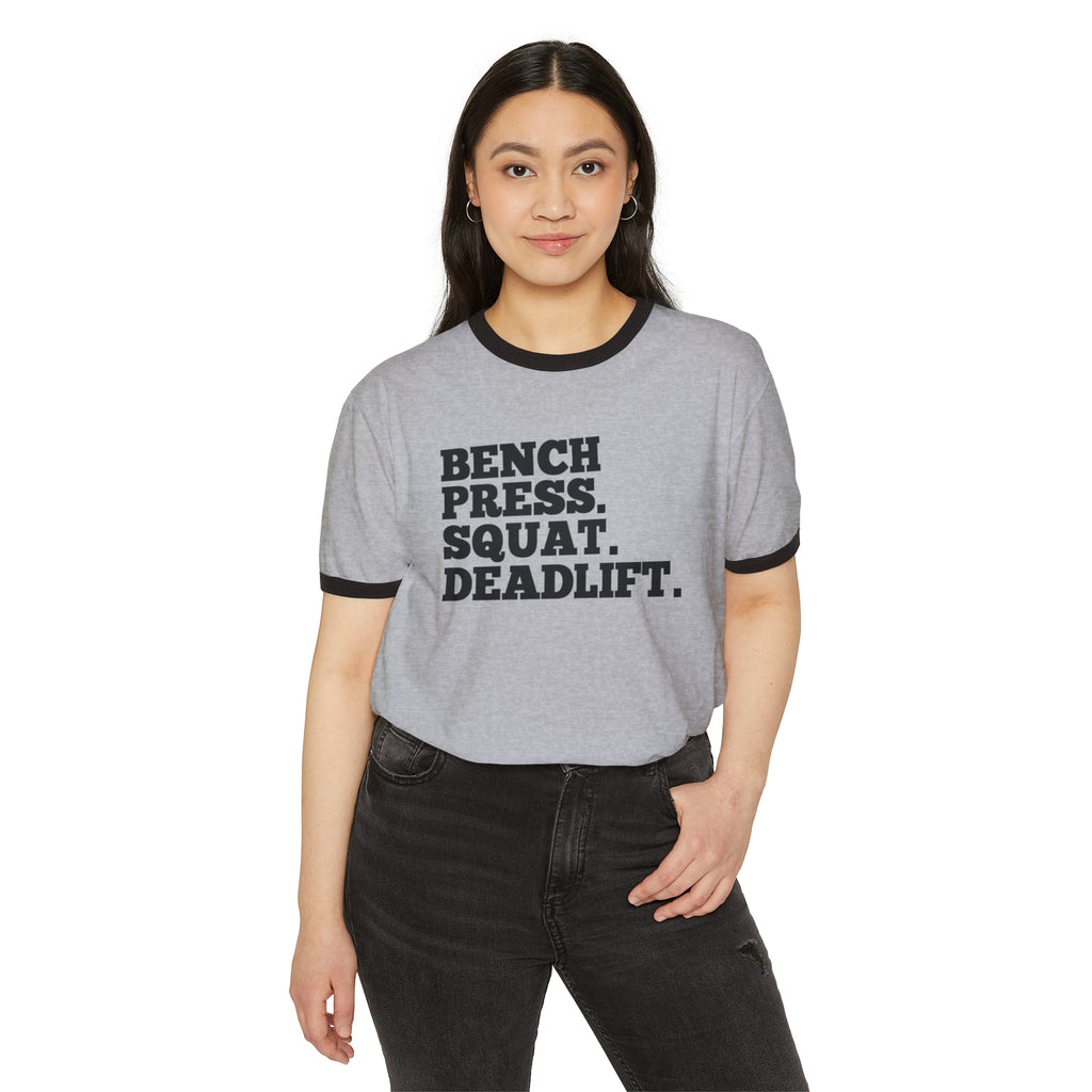 Bench Squat Deadlift  - Unisex Cotton Ringer T-Shirt - Black Classic Logo Front Plain Back