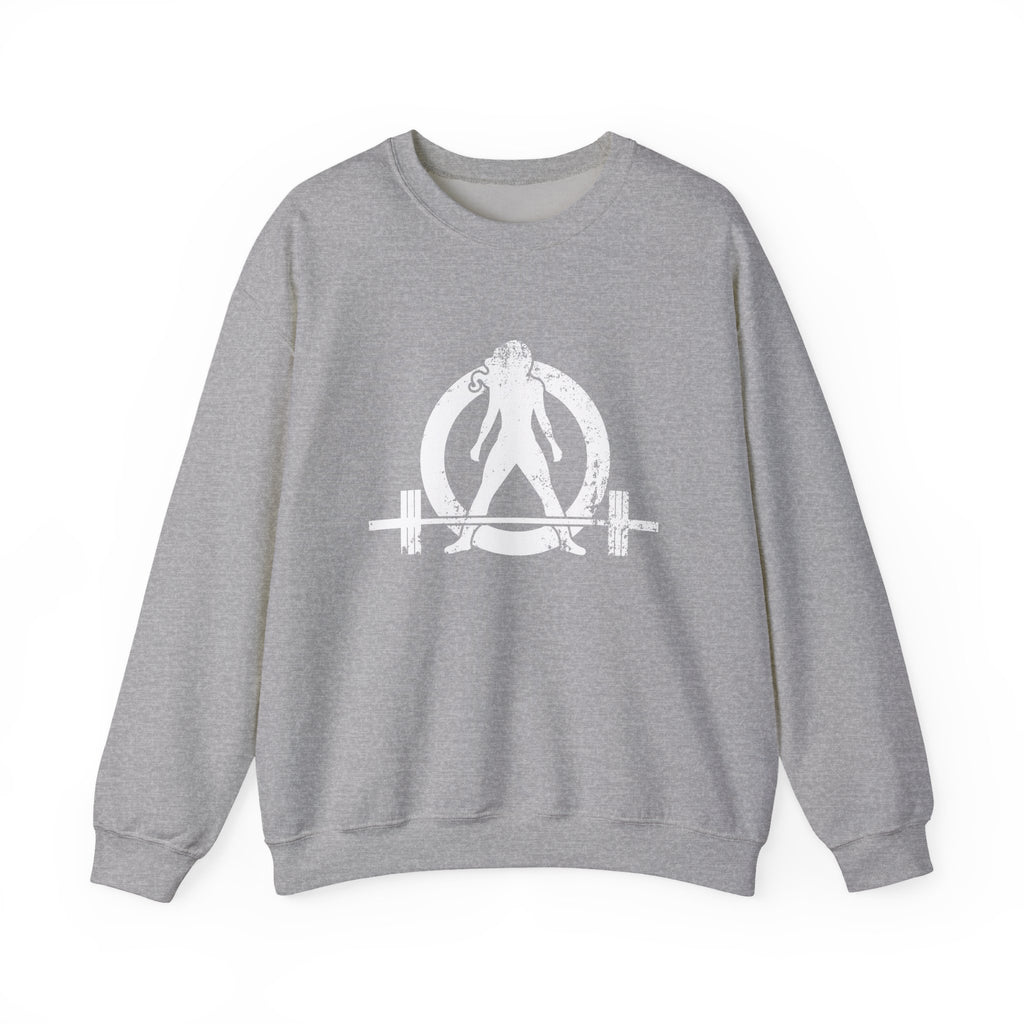 ALL I NEED IS COFFEE and a Barbell - Unisex Heavy Blend™ Crewneck Sweatshirt - Distressed Logo - Front & Back