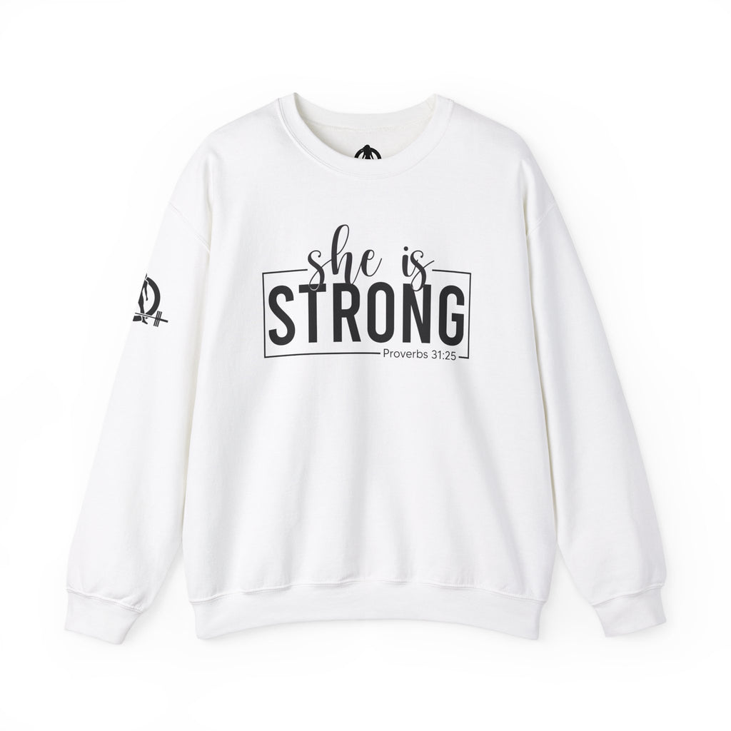 She is STRONG - Unisex Heavy Blend™ Crewneck Sweatshirt - Front Black Logo - Plain Back