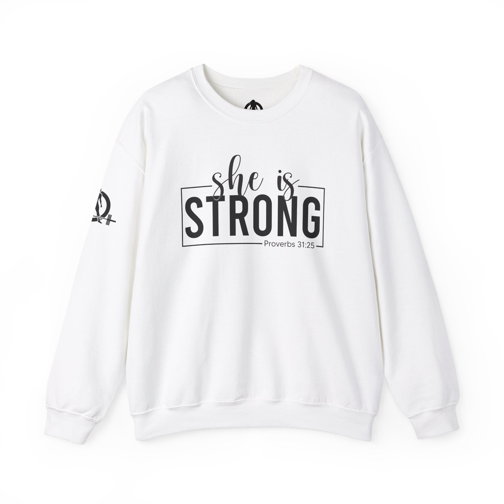 She is STRONG - Unisex Heavy Blend™ Crewneck Sweatshirt - Front Black Logo - Plain Back