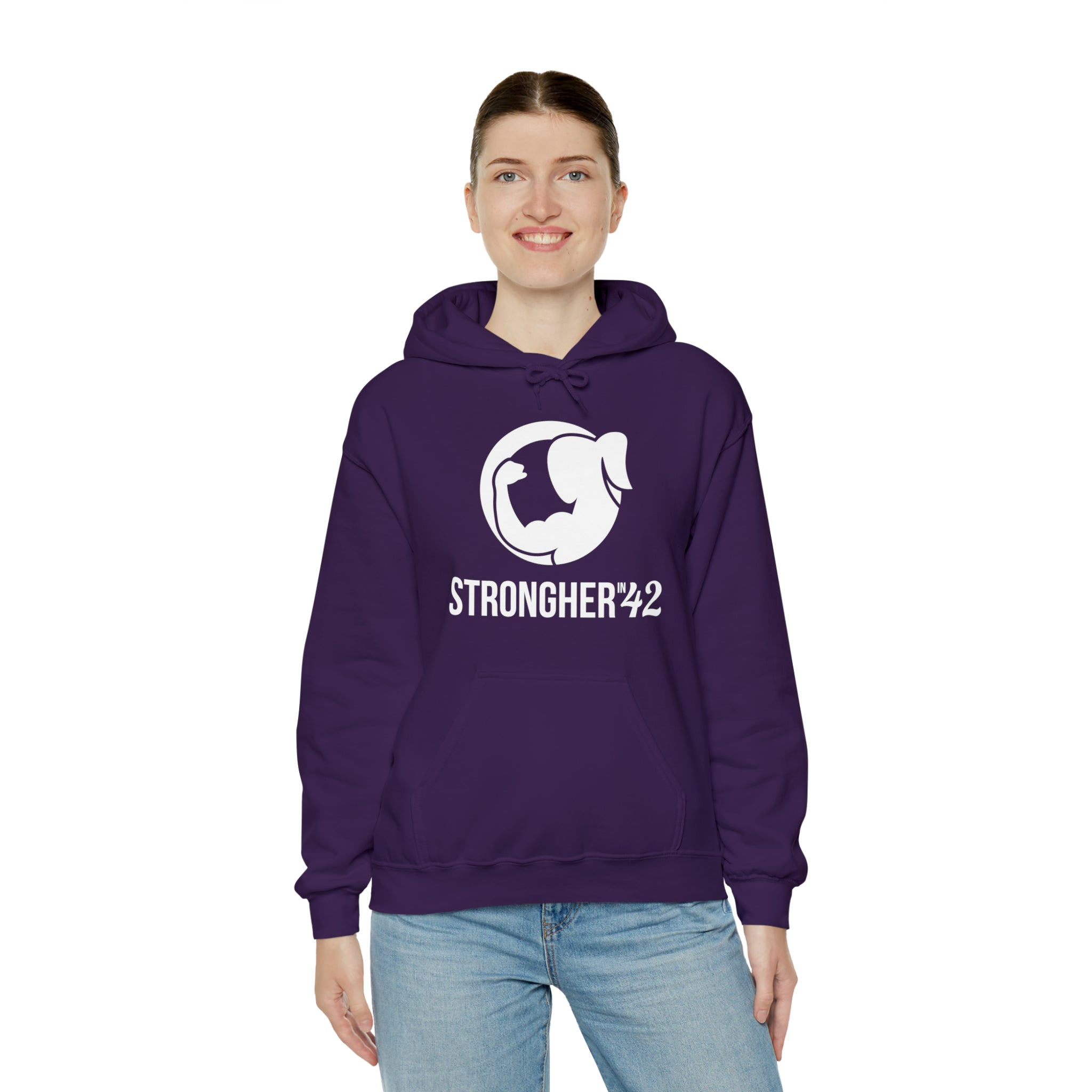 Strong Her in 42 - Classic Logo White - Unisex Heavy Blend Hooded Sweatshirt