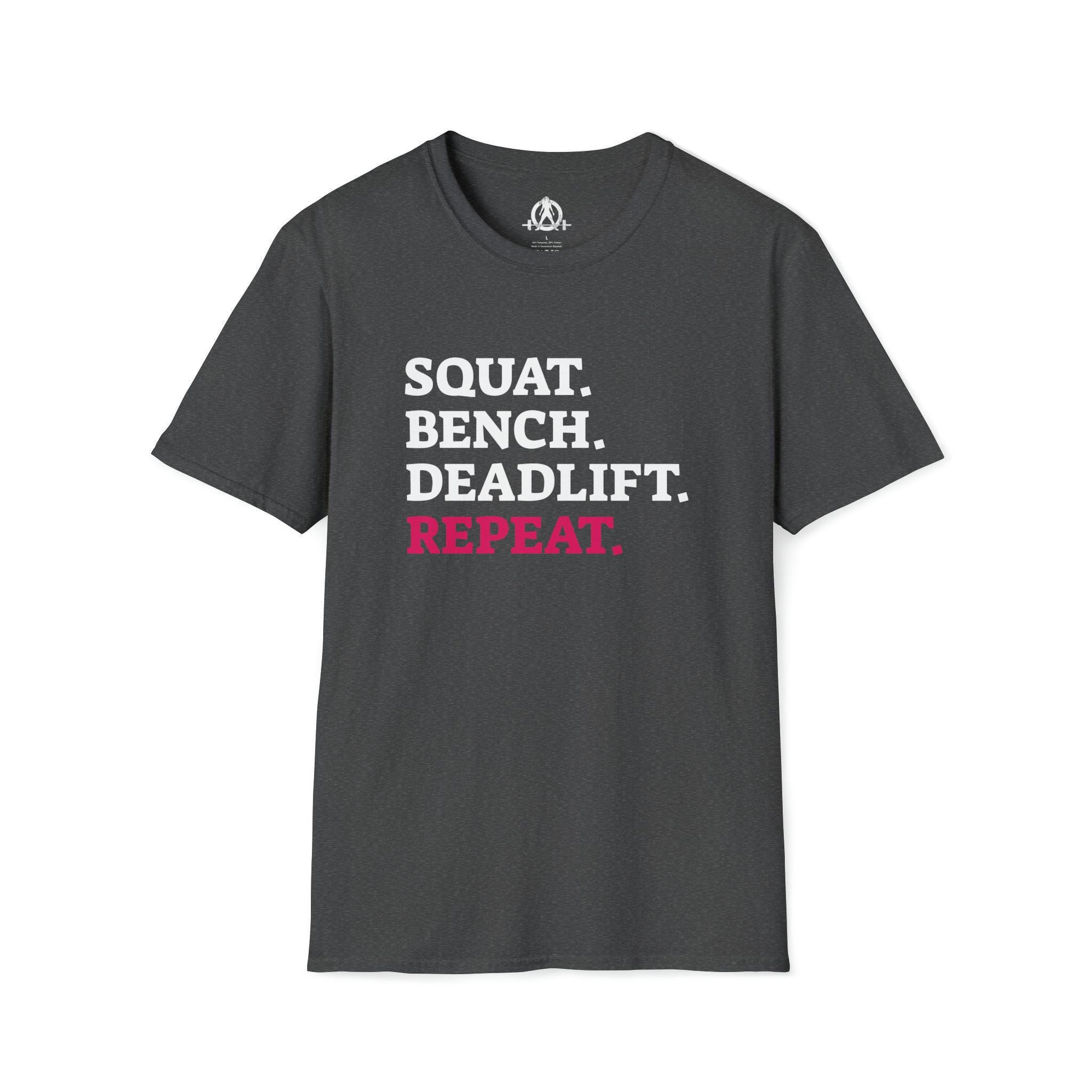 Squat Bench Deadlift Repeat - Unisex Softstyle T-Shirt - Black & Pink - Plain Back