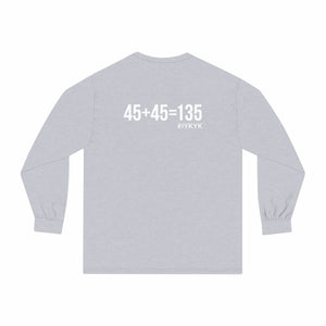 45 + 45 = 135 - Unisex Classic Long Sleeve T-Shirt - White Print on Front & Back