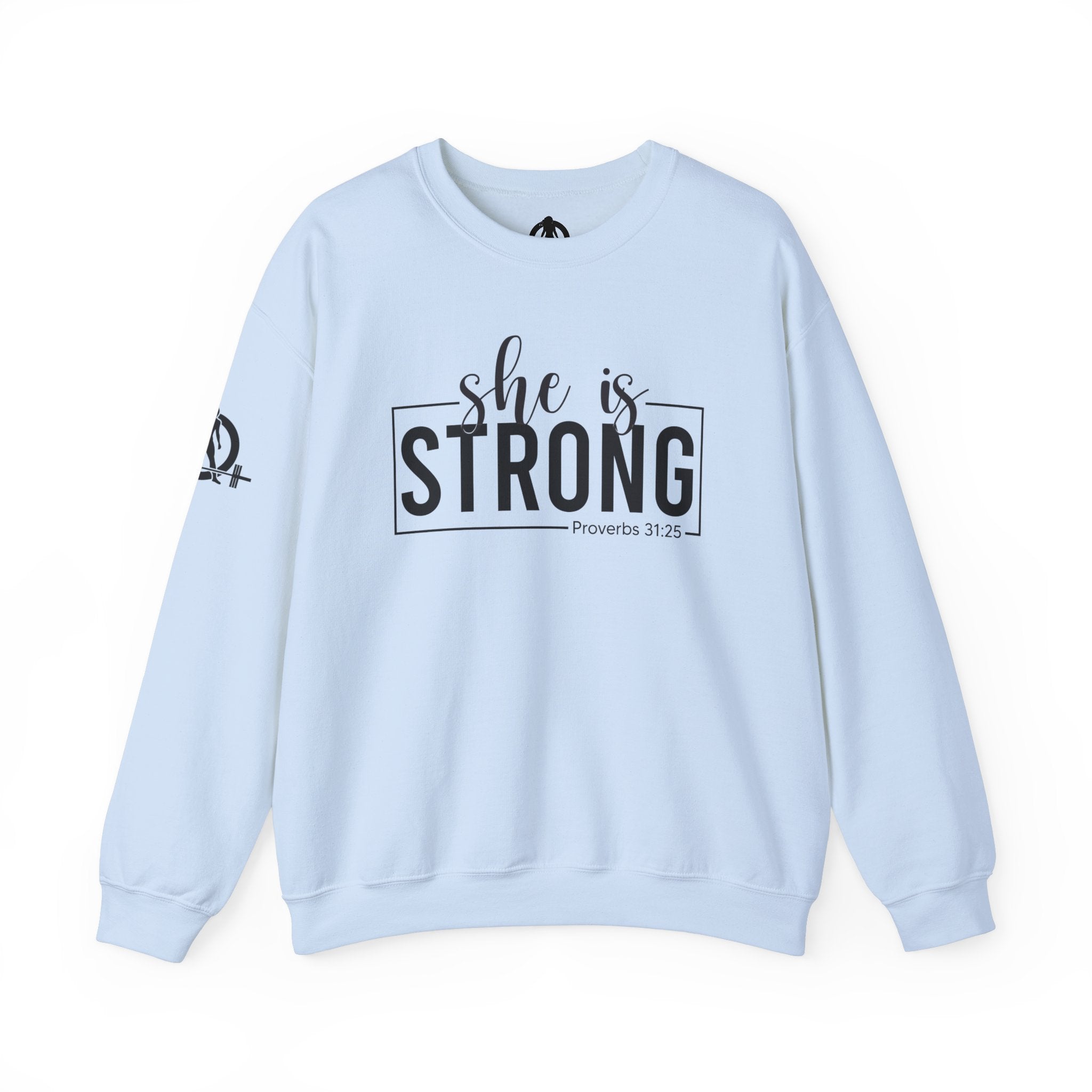 She is STRONG - Unisex Heavy Blend™ Crewneck Sweatshirt - Front Black Logo - Plain Back